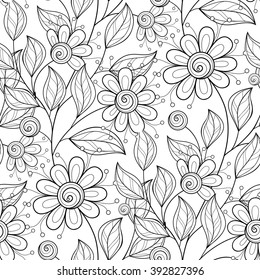 Vector Seamless Monochrome Floral Pattern. Hand Drawn Floral Texture, Decorative Flowers, Coloring Book