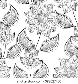 Vector Seamless Monochrome Floral Pattern. Hand Drawn Floral Texture, Decorative Flowers, Coloring Book