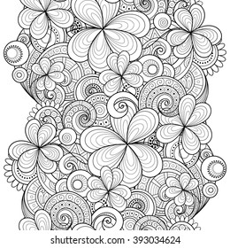 Vector Seamless Monochrome Floral Pattern with Decorative Clover and Coins. Hand Drawn Saint Patrick's Day Holiday Texture. Paisley Garden Style