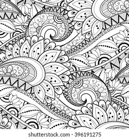 Vector Seamless Monochrome Floral Pattern. Hand Drawn Floral Texture, Decorative Flowers, Coloring Book