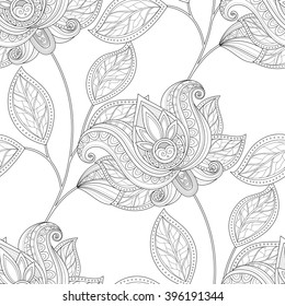 Vector Seamless Monochrome Floral Pattern. Hand Drawn Floral Texture, Decorative Flowers, Coloring Book