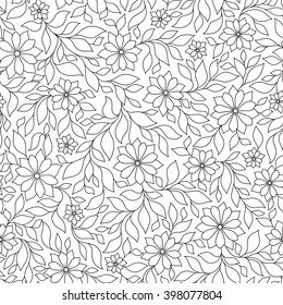 Vector Seamless Monochrome Floral Pattern. Hand Drawn Floral Texture, Decorative Flowers, Coloring Book