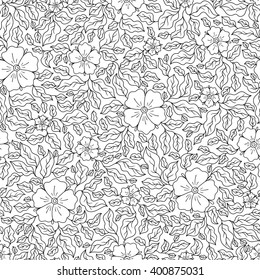 Vector Seamless Monochrome Floral Pattern. Hand Drawn Floral Texture, Decorative Flowers, Coloring Book