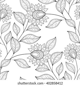 Vector Seamless Monochrome Floral Pattern. Hand Drawn Floral Texture, Decorative Flowers, Coloring Book
