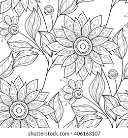 Vector Seamless Monochrome Floral Pattern. Hand Drawn Floral Texture, Decorative Flowers, Coloring Book