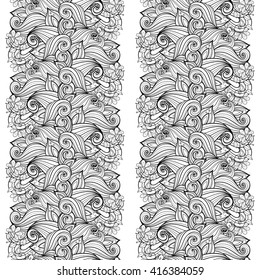 Vector Seamless Monochrome Floral Pattern. Hand Drawn Floral Texture, Decorative Flowers, Coloring Book
