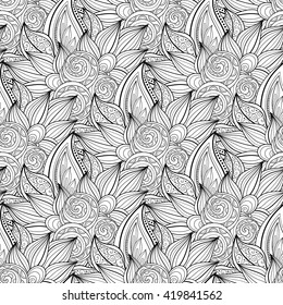 Vector Seamless Monochrome Floral Pattern. Hand Drawn Floral Texture, Decorative Flowers, Coloring Book