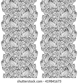 Vector Seamless Monochrome Floral Pattern. Hand Drawn Floral Texture, Decorative Flowers, Coloring Book