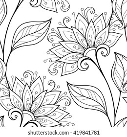 Vector Seamless Monochrome Floral Pattern. Hand Drawn Floral Texture, Decorative Flowers, Coloring Book