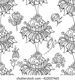 Vector Seamless Monochrome Floral Pattern. Hand Drawn Floral Texture, Decorative Flowers, Coloring Book