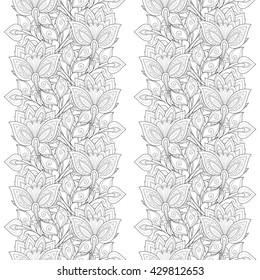 Vector Seamless Monochrome Floral Pattern. Hand Drawn Floral Texture, Decorative Flowers, Coloring Book