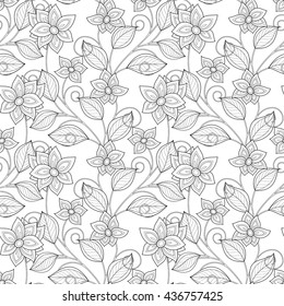 Vector Seamless Monochrome Floral Pattern. Hand Drawn Floral Texture, Decorative Flowers, Coloring Book