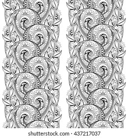 Vector Seamless Monochrome Floral Pattern. Hand Drawn Floral Texture, Decorative Flowers, Coloring Book