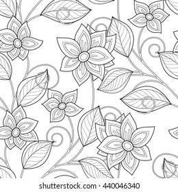 Vector Seamless Monochrome Floral Pattern. Hand Drawn Floral Texture, Decorative Flowers, Coloring Book