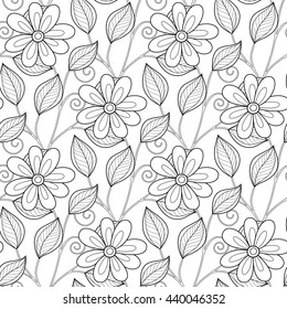 Vector Seamless Monochrome Floral Pattern. Hand Drawn Floral Texture, Decorative Flowers, Coloring Book