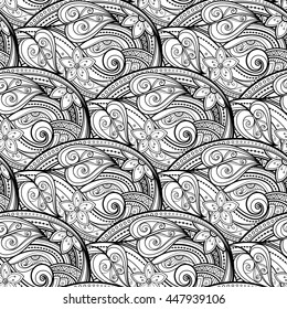 Vector Seamless Monochrome Floral Pattern. Hand Drawn Floral Texture, Decorative Flowers, Coloring Book