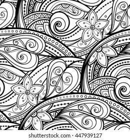 Vector Seamless Monochrome Floral Pattern. Hand Drawn Floral Texture, Decorative Flowers, Coloring Book