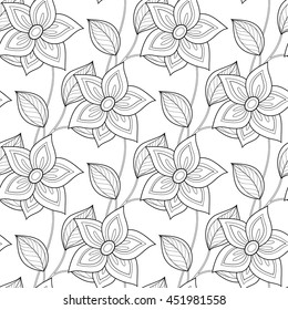 Vector Seamless Monochrome Floral Pattern. Hand Drawn Floral Texture, Decorative Flowers, Coloring Book