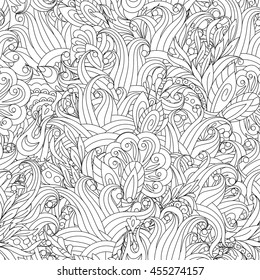 Vector Seamless Monochrome Floral Pattern. Hand Drawn Floral Texture, Decorative Flowers, Coloring Book