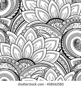 Vector Seamless Monochrome Floral Pattern. Hand Drawn Floral Texture, Decorative Flowers, Coloring Book