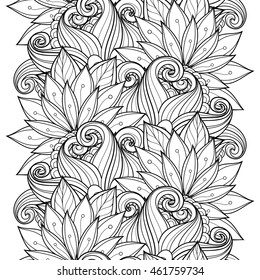 Vector Seamless Monochrome Floral Pattern. Hand Drawn Floral Texture, Decorative Flowers, Coloring Book
