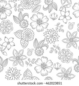 Vector seamless monochrome floral pattern. Flowers in black and white for wrapping paper,textile, coloring book.You can color it as you like