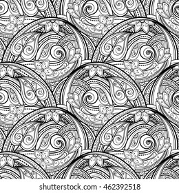 Vector Seamless Monochrome Floral Pattern. Hand Drawn Floral Texture, Decorative Flowers, Coloring Book