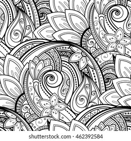 Vector Seamless Monochrome Floral Pattern. Hand Drawn Floral Texture, Decorative Flowers, Coloring Book