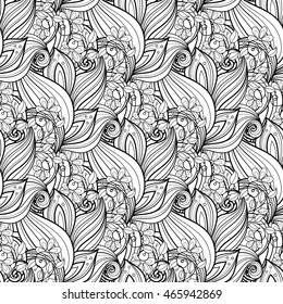 Vector Seamless Monochrome Floral Pattern. Hand Drawn Floral Texture, Decorative Flowers, Coloring Book