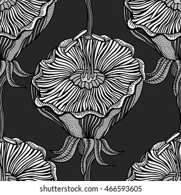 Vector Seamless Monochrome Floral Pattern. Hand Drawn Floral Texture, Decorative Flowers, Coloring Book
