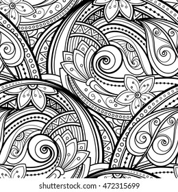 Vector Seamless Monochrome Floral Pattern. Hand Drawn Floral Texture, Decorative Flowers, Coloring Book