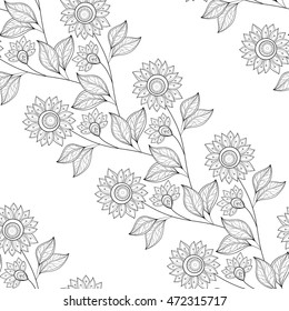 Vector Seamless Monochrome Floral Pattern. Hand Drawn Floral Texture, Decorative Flowers, Coloring Book