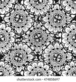 Vector Seamless Monochrome Floral Pattern. Hand Drawn Floral Texture, Decorative Flowers, Coloring Book