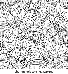Patrón floral monocromo sin costuras de Vector. Textura floral dibujada a mano, flores decorativas, libro para colorear