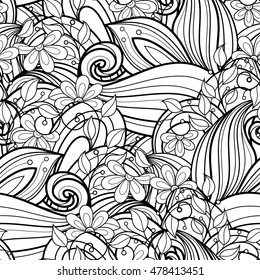 Vector Seamless Monochrome Floral Pattern. Hand Drawn Floral Texture, Decorative Flowers, Coloring Book