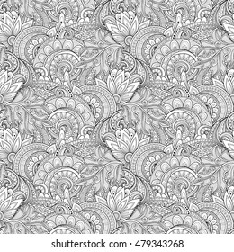 Vector Seamless Monochrome Floral Pattern. Hand Drawn Floral Texture, Decorative Flowers, Coloring Book
