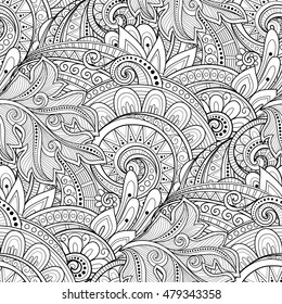 Vector Seamless Monochrome Floral Pattern. Hand Drawn Floral Texture, Decorative Flowers, Coloring Book