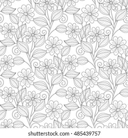 Vector Seamless Monochrome Floral Pattern. Hand Drawn Floral Texture, Decorative Flowers, Coloring Book