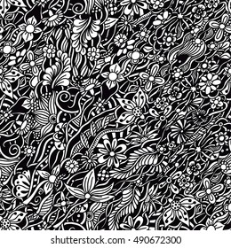 Vector Seamless Monochrome Floral Pattern. Hand Drawn Floral Texture, Decorative Flowers, Coloring Book