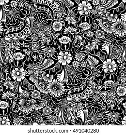 Vector Seamless Monochrome Floral Pattern. Hand Drawn Floral Texture, Decorative Flowers, Coloring Book