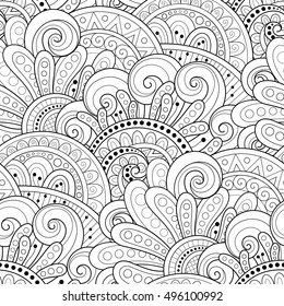 Vector Seamless Monochrome Floral Pattern. Hand Drawn Floral Texture, Decorative Flowers, Coloring Book