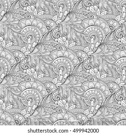 Vector Seamless Monochrome Floral Pattern. Hand Drawn Floral Texture, Decorative Flowers, Coloring Book