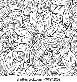 Vector Seamless Monochrome Floral Pattern. Hand Drawn Floral Texture, Decorative Flowers, Coloring Book
