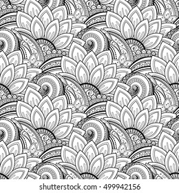 Vector Seamless Monochrome Floral Pattern. Hand Drawn Floral Texture, Decorative Flowers, Coloring Book