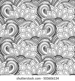 Vector Seamless Monochrome Floral Pattern. Hand Drawn Floral Texture, Decorative Flowers, Coloring Book