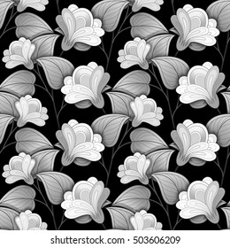 Vector Seamless Monochrome Floral Pattern. Hand Drawn Floral Texture, Decorative Flowers, Coloring Book