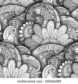 Vector Seamless Monochrome Floral Pattern. Hand Drawn Floral Texture, Decorative Flowers, Coloring Book