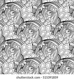 Vector Seamless Monochrome Floral Pattern. Hand Drawn Floral Texture, Decorative Flowers, Coloring Book