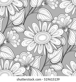 Vector Seamless Monochrome Floral Pattern. Hand Drawn Floral Texture, Decorative Flowers, Coloring Book