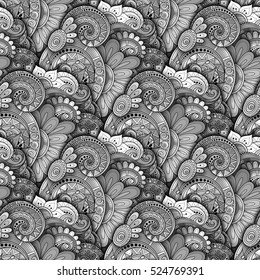Vector Seamless Monochrome Floral Pattern. Hand Drawn Floral Texture, Decorative Flowers, Coloring Book